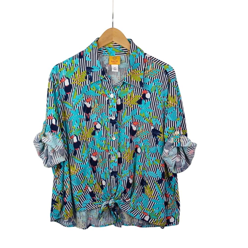 Ruby Rd. Toucan Bird Tropical Print Button Down Blouse Size 2X Tie Front Resort